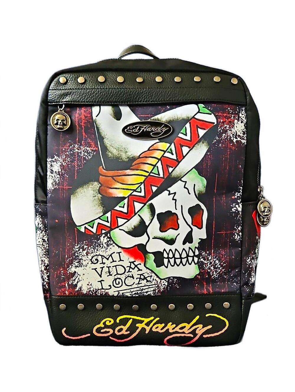 Ed Hardy Backpack Skull Graphic Black with Stud Details